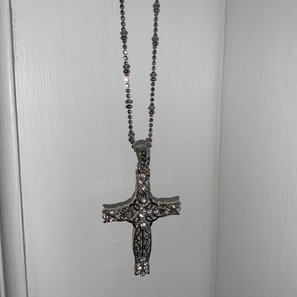 Cookie Lee Silver Cross Necklace with “Diamonds”